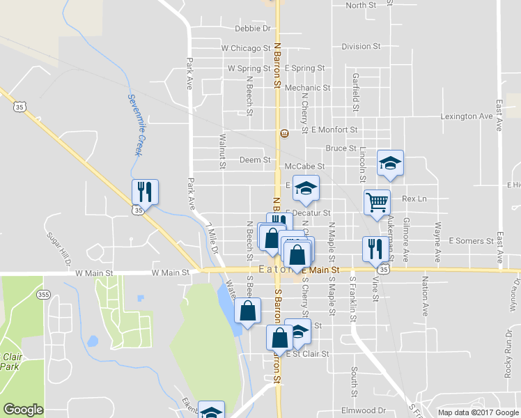 map of restaurants, bars, coffee shops, grocery stores, and more near 116 West Decatur Street in Eaton