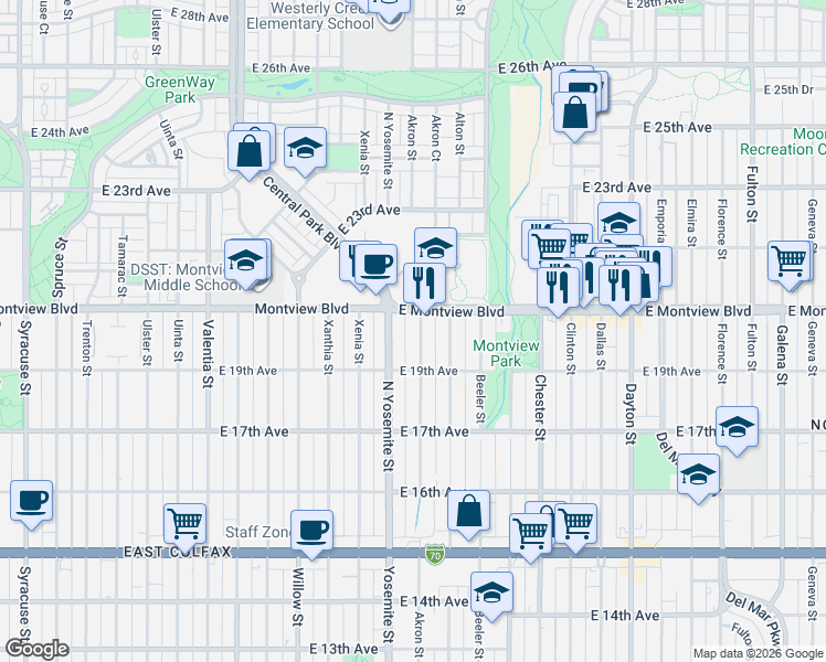 map of restaurants, bars, coffee shops, grocery stores, and more near 1984 Akron Street in Aurora