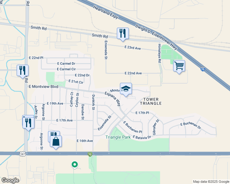 map of restaurants, bars, coffee shops, grocery stores, and more near 19563 Montview Drive in Aurora