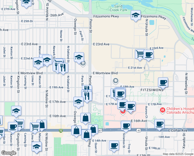 map of restaurants, bars, coffee shops, grocery stores, and more near in Aurora