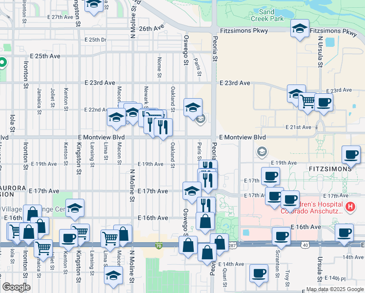 map of restaurants, bars, coffee shops, grocery stores, and more near 11858 East Montview Boulevard in Aurora