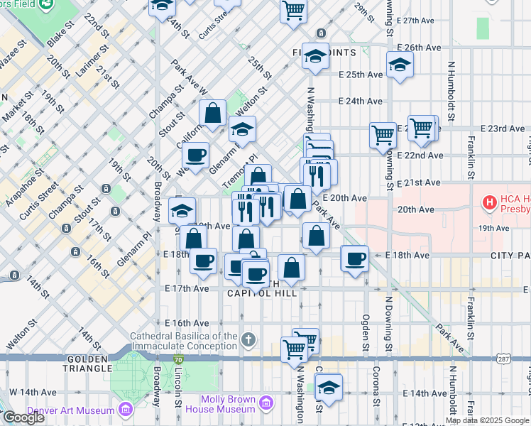 map of restaurants, bars, coffee shops, grocery stores, and more near in Denver
