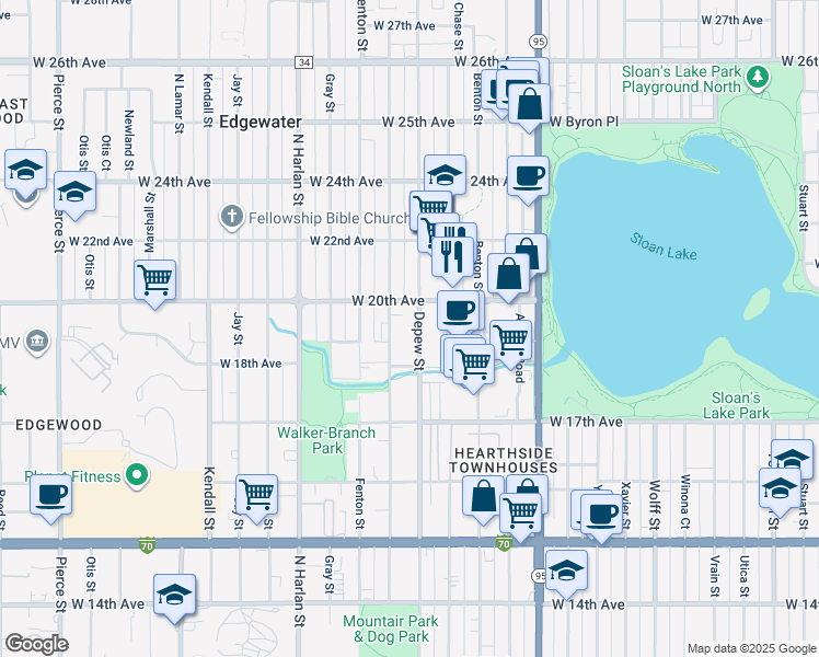 map of restaurants, bars, coffee shops, grocery stores, and more near 1960 Eaton Street in Lakewood