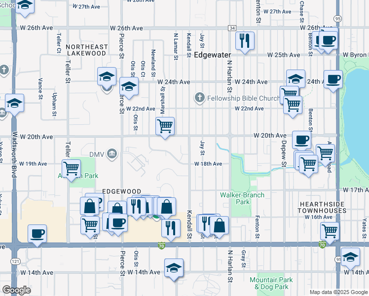 map of restaurants, bars, coffee shops, grocery stores, and more near 1960 Kendall Street in Lakewood