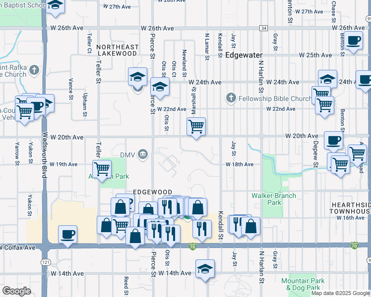 map of restaurants, bars, coffee shops, grocery stores, and more near 1936 Newland Court in Lakewood