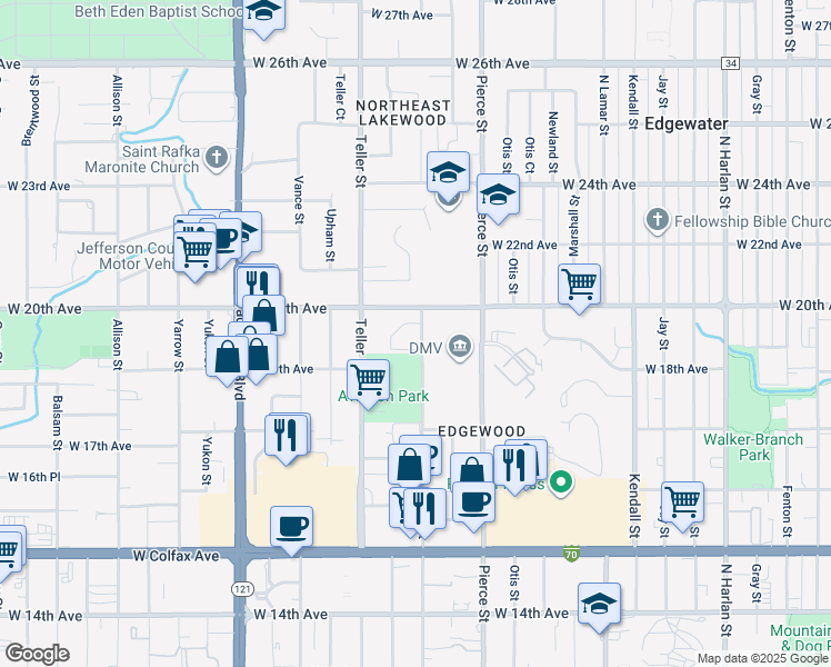 map of restaurants, bars, coffee shops, grocery stores, and more near 7020 West 20th Avenue in Lakewood