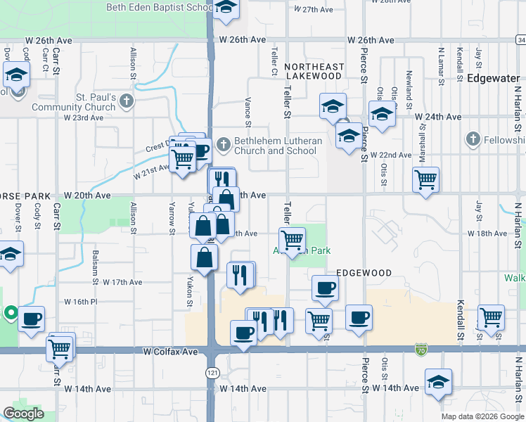 map of restaurants, bars, coffee shops, grocery stores, and more near 1951 Upham Street in Lakewood