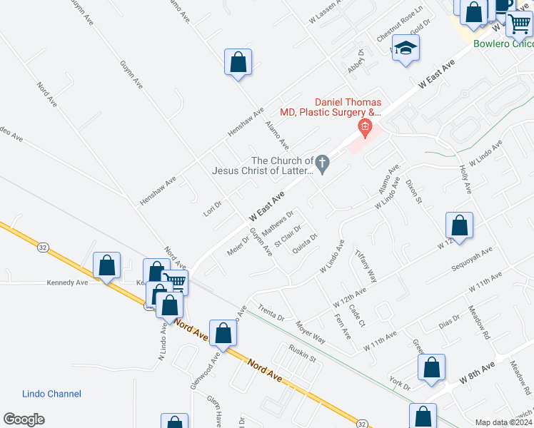 map of restaurants, bars, coffee shops, grocery stores, and more near 950 West East Avenue in Chico