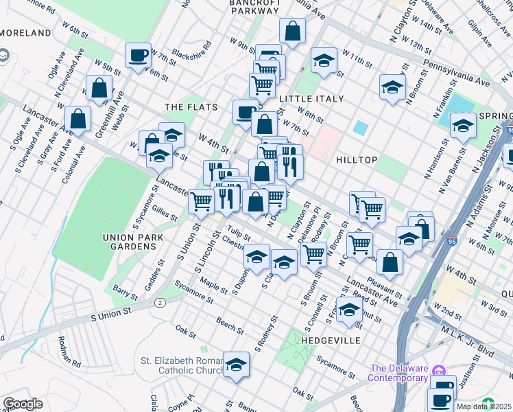 map of restaurants, bars, coffee shops, grocery stores, and more near 1724 Conrad Street in Wilmington