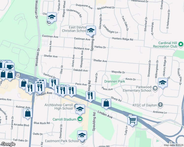 map of restaurants, bars, coffee shops, grocery stores, and more near 1156 Spinning Road in Dayton