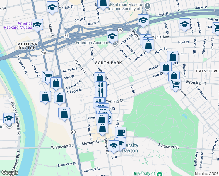map of restaurants, bars, coffee shops, grocery stores, and more near 250 Oak Street in Dayton