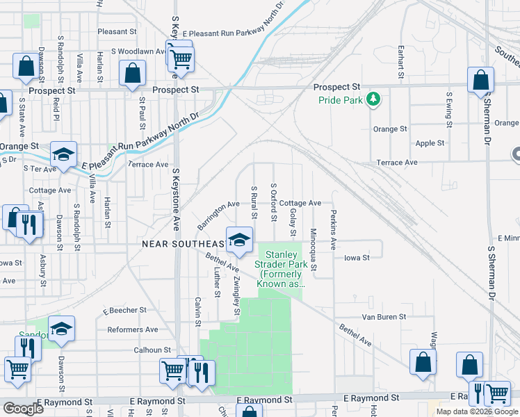 map of restaurants, bars, coffee shops, grocery stores, and more near 1500 South Rural Street in Indianapolis