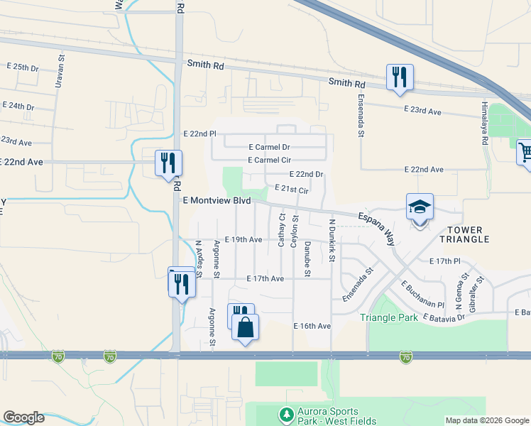 map of restaurants, bars, coffee shops, grocery stores, and more near 1985 Cathay Street in Aurora