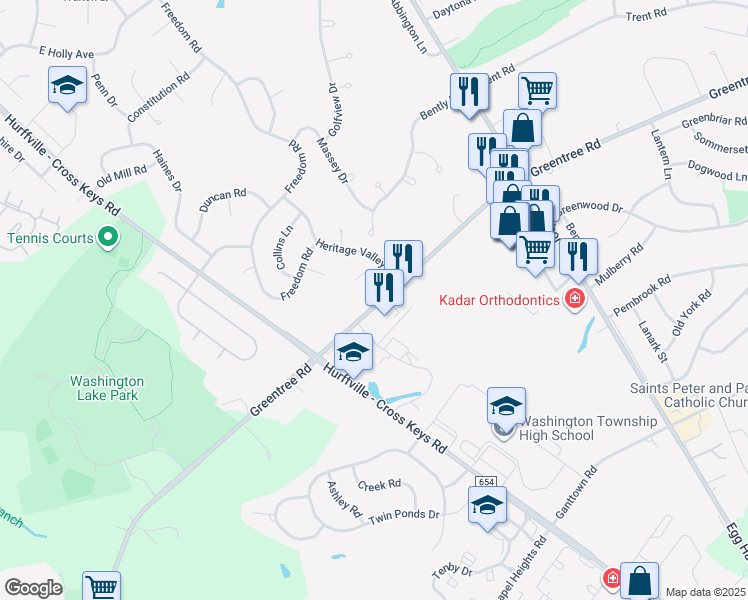 map of restaurants, bars, coffee shops, grocery stores, and more near 339 Greentree Road in Washington Township