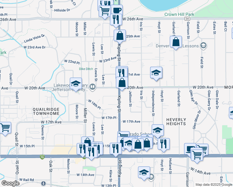 map of restaurants, bars, coffee shops, grocery stores, and more near 1980 Kipling Street in Lakewood