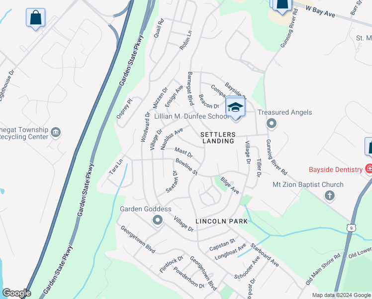 map of restaurants, bars, coffee shops, grocery stores, and more near 18 Mast Drive in Barnegat Township