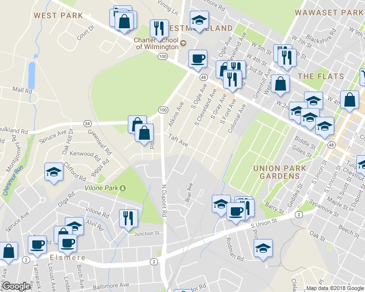 map of restaurants, bars, coffee shops, grocery stores, and more near 301 South Cleveland Avenue in Wilmington