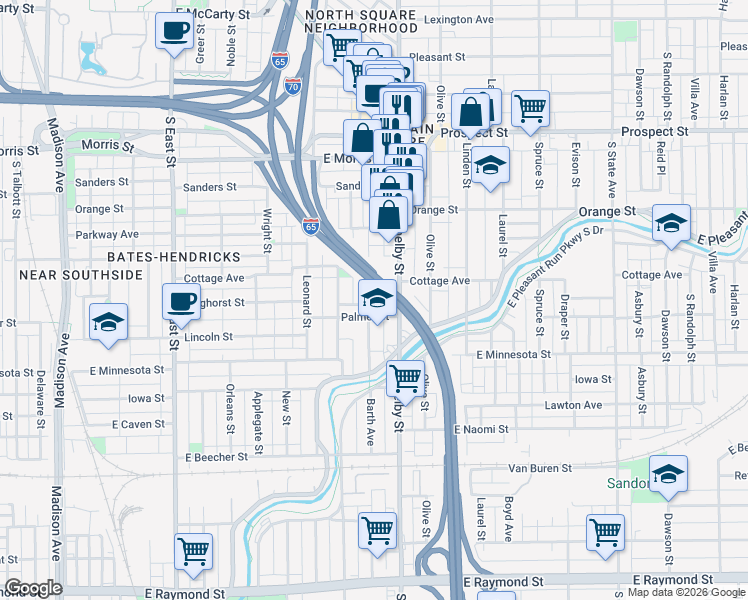 map of restaurants, bars, coffee shops, grocery stores, and more near 1537 Barth Avenue in Indianapolis