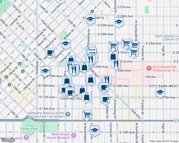 map of restaurants, bars, coffee shops, grocery stores, and more near 755 East 19th Avenue in Denver