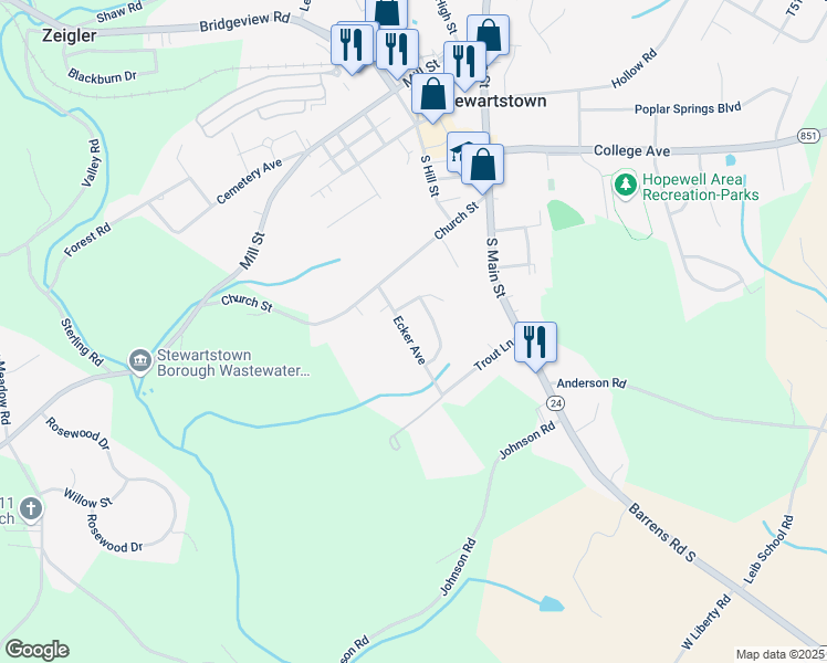 map of restaurants, bars, coffee shops, grocery stores, and more near 11 Ecker Avenue in Stewartstown