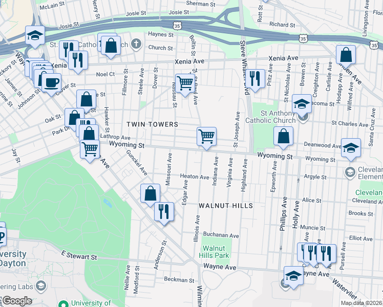 map of restaurants, bars, coffee shops, grocery stores, and more near 1208 Wyoming Street in Dayton