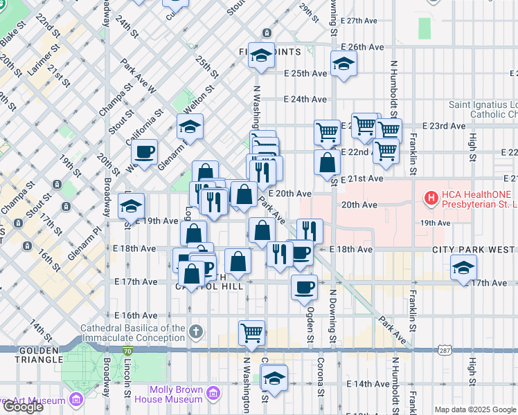 map of restaurants, bars, coffee shops, grocery stores, and more near 755 East 19th Avenue in Denver