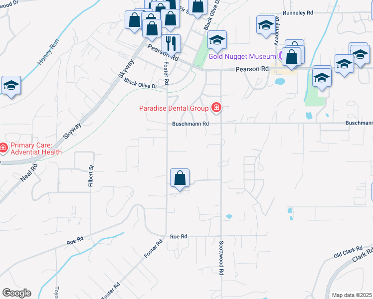 map of restaurants, bars, coffee shops, grocery stores, and more near 695 Marvin Drive in Paradise