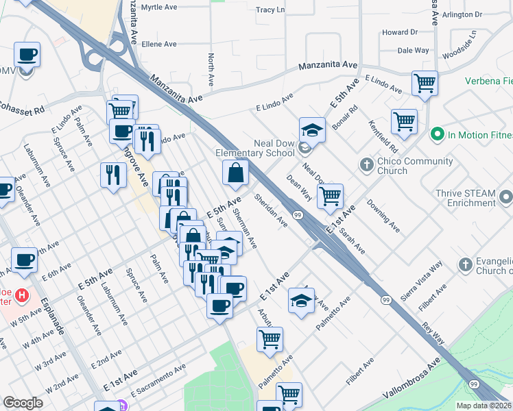 map of restaurants, bars, coffee shops, grocery stores, and more near 1415 Sheridan Avenue in Chico