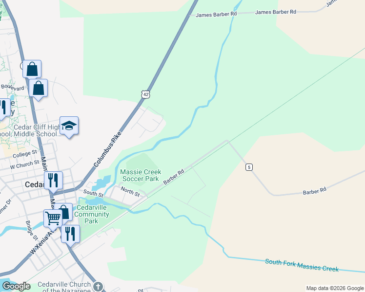 map of restaurants, bars, coffee shops, grocery stores, and more near 3540 Barber Road in Cedarville