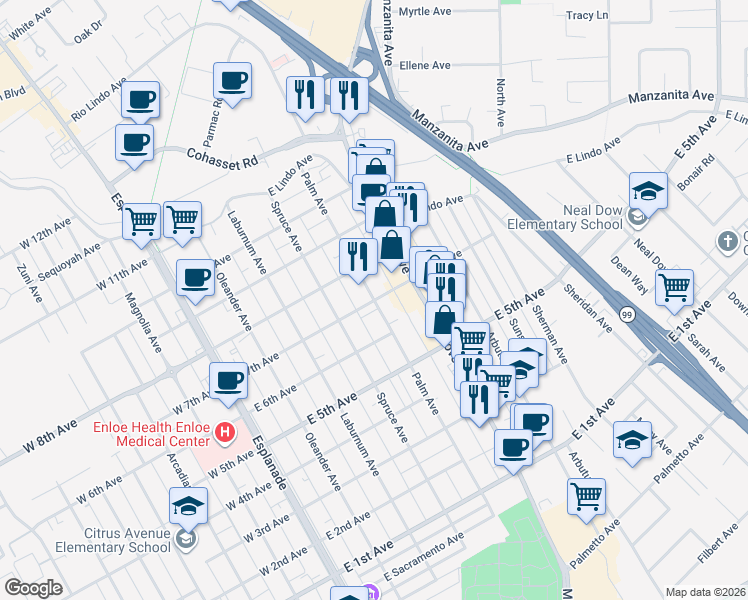 map of restaurants, bars, coffee shops, grocery stores, and more near Palm Avenue & East 7th Avenue in Chico