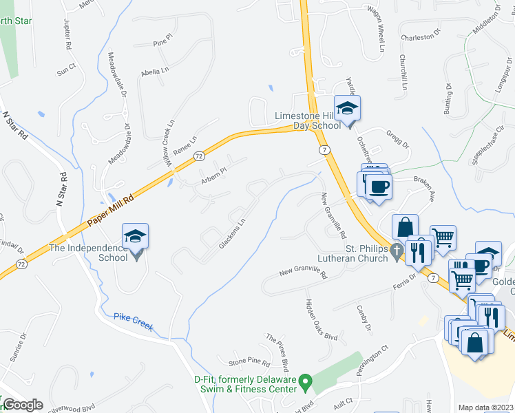 map of restaurants, bars, coffee shops, grocery stores, and more near 992 Glackens Lane in Wilmington