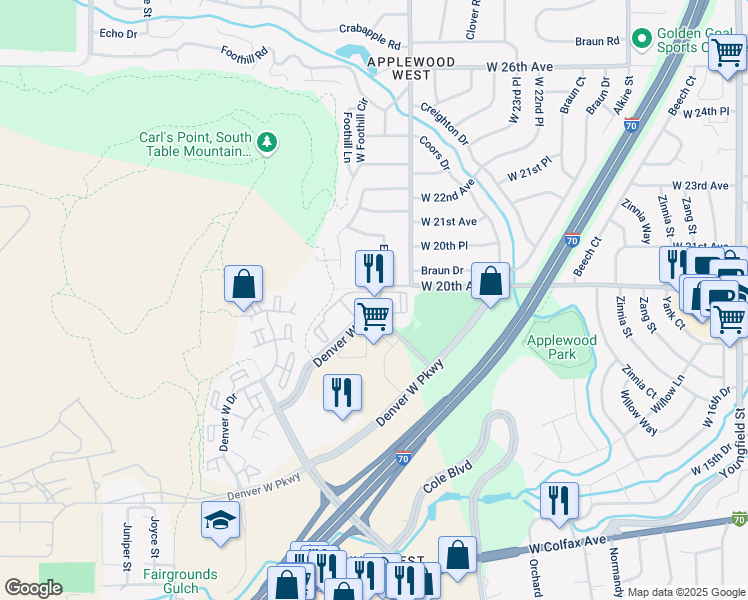 map of restaurants, bars, coffee shops, grocery stores, and more near 14125 Denver West Circle in Golden