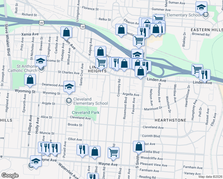 map of restaurants, bars, coffee shops, grocery stores, and more near 1448 John Glenn Road in Dayton
