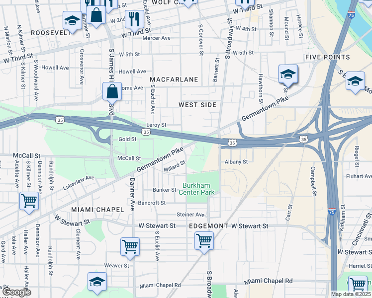 map of restaurants, bars, coffee shops, grocery stores, and more near 1442 Germantown Street in Dayton