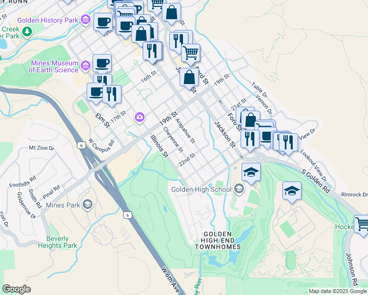 map of restaurants, bars, coffee shops, grocery stores, and more near 2101 Cheyenne Street in Golden