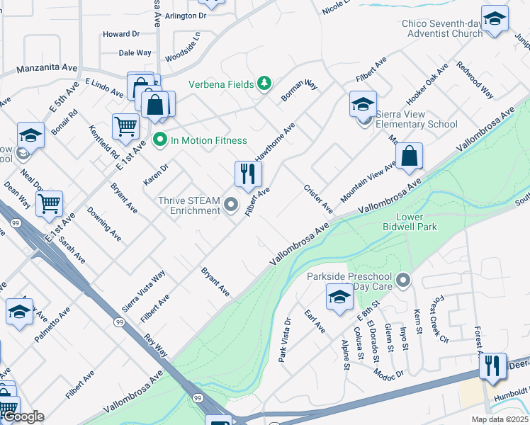 map of restaurants, bars, coffee shops, grocery stores, and more near 656 Vallombrosa Lane in Chico