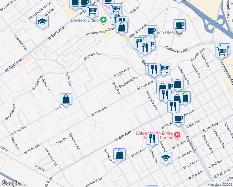 map of restaurants, bars, coffee shops, grocery stores, and more near 2123 Zuni Ave in Chico