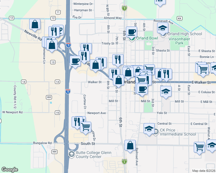 map of restaurants, bars, coffee shops, grocery stores, and more near 736 8th Street in Orland
