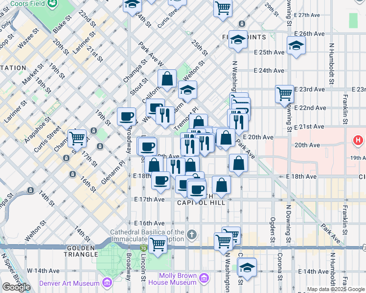 map of restaurants, bars, coffee shops, grocery stores, and more near 1958 Logan Street in Denver
