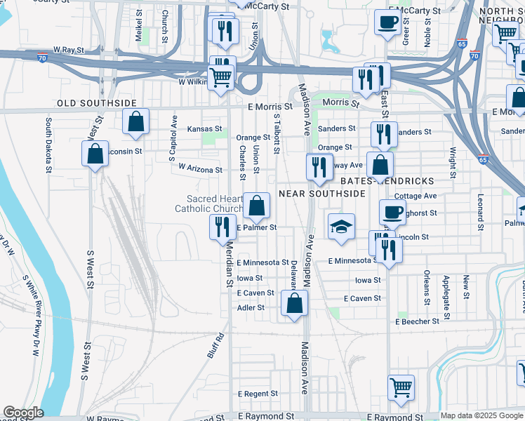 map of restaurants, bars, coffee shops, grocery stores, and more near 1509 Union Street in Indianapolis