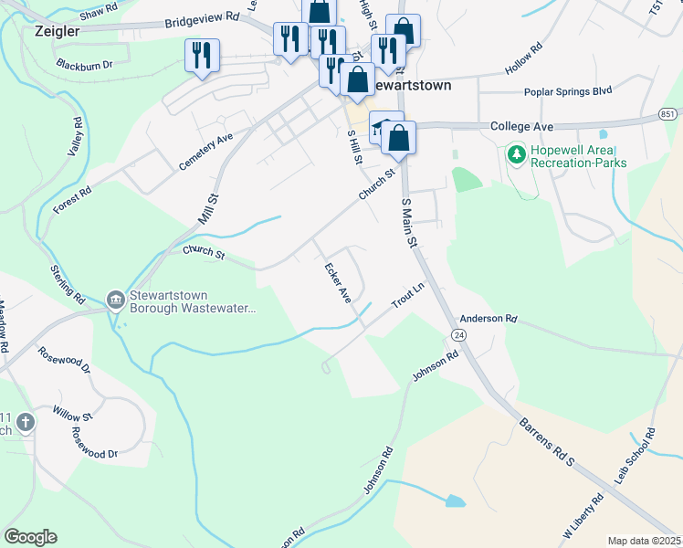 map of restaurants, bars, coffee shops, grocery stores, and more near 11 Ecker Avenue in Stewartstown
