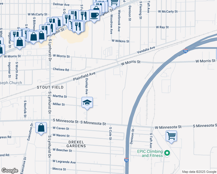 map of restaurants, bars, coffee shops, grocery stores, and more near 1401 Phillips Drive in Indianapolis