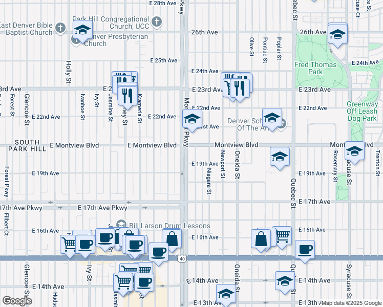 map of restaurants, bars, coffee shops, grocery stores, and more near 1950 Magnolia Street in Denver