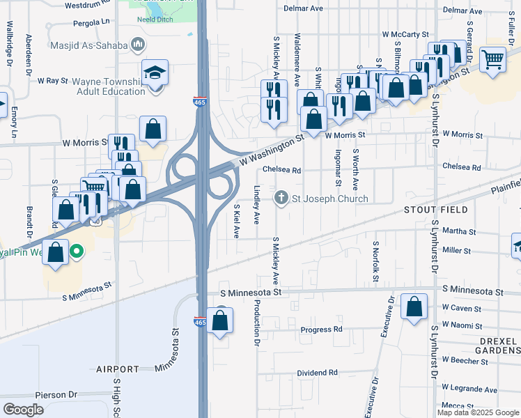 map of restaurants, bars, coffee shops, grocery stores, and more near 1411 Lindley Avenue in Indianapolis