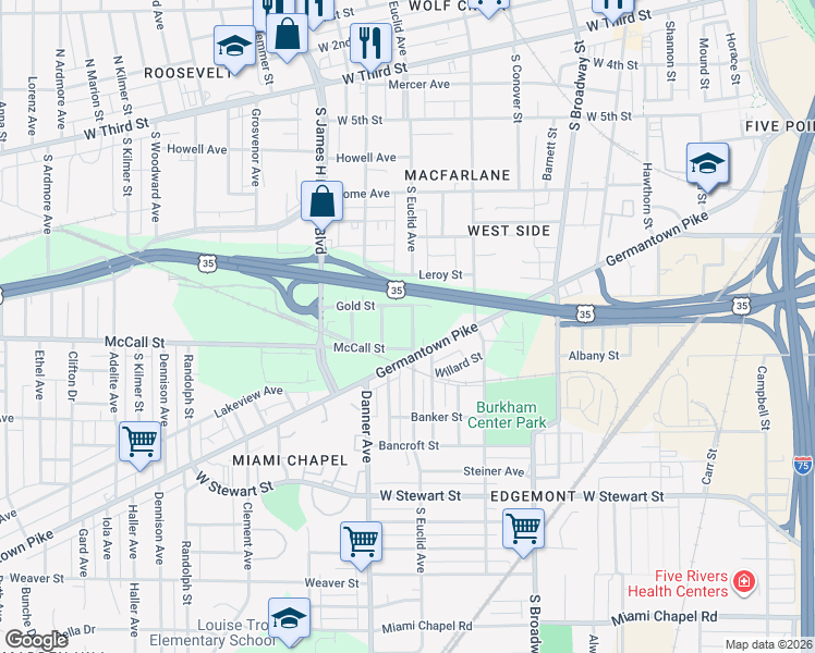 map of restaurants, bars, coffee shops, grocery stores, and more near 723 South Euclid Avenue in Dayton