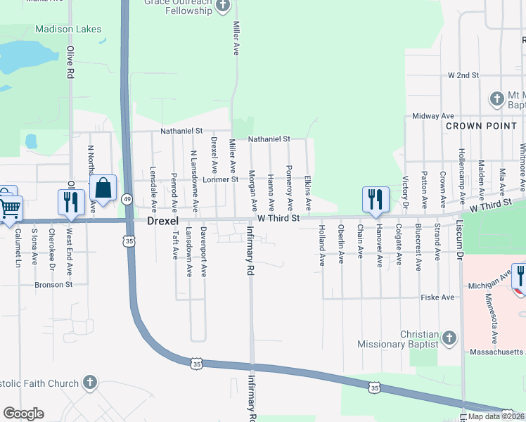 map of restaurants, bars, coffee shops, grocery stores, and more near 5487 West Third Street in Dayton