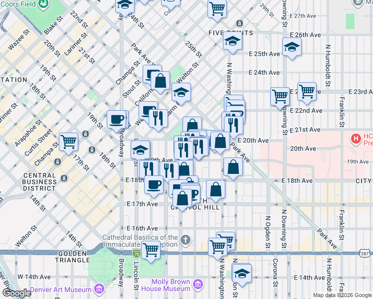 map of restaurants, bars, coffee shops, grocery stores, and more near 1950 Logan Street in Denver