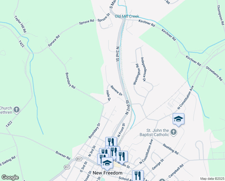 map of restaurants, bars, coffee shops, grocery stores, and more near 15566 Revere Drive in New Freedom
