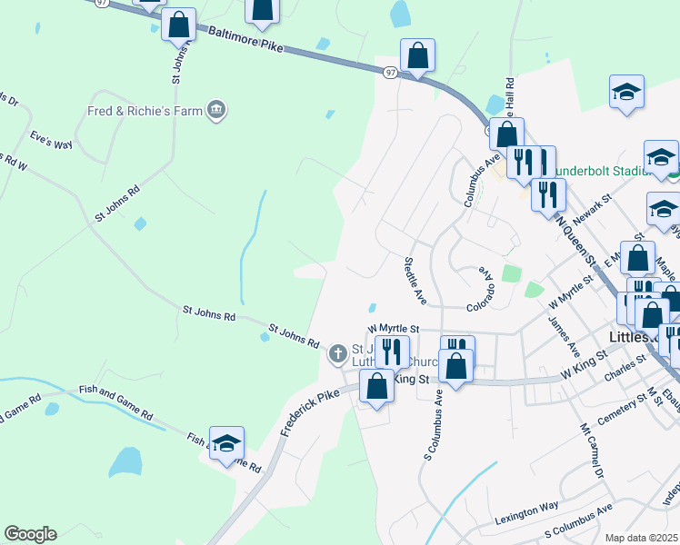 map of restaurants, bars, coffee shops, grocery stores, and more near 34 Digges Court in Littlestown