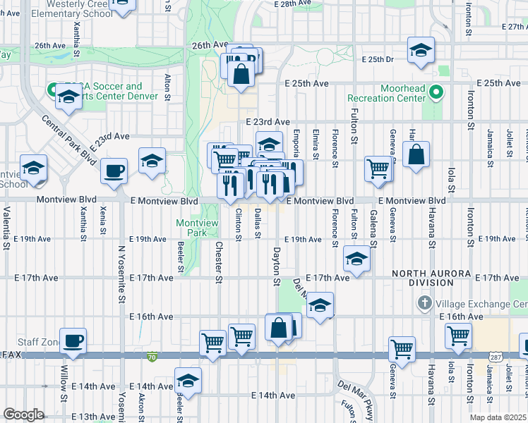 map of restaurants, bars, coffee shops, grocery stores, and more near 1960 Dallas Street in Aurora